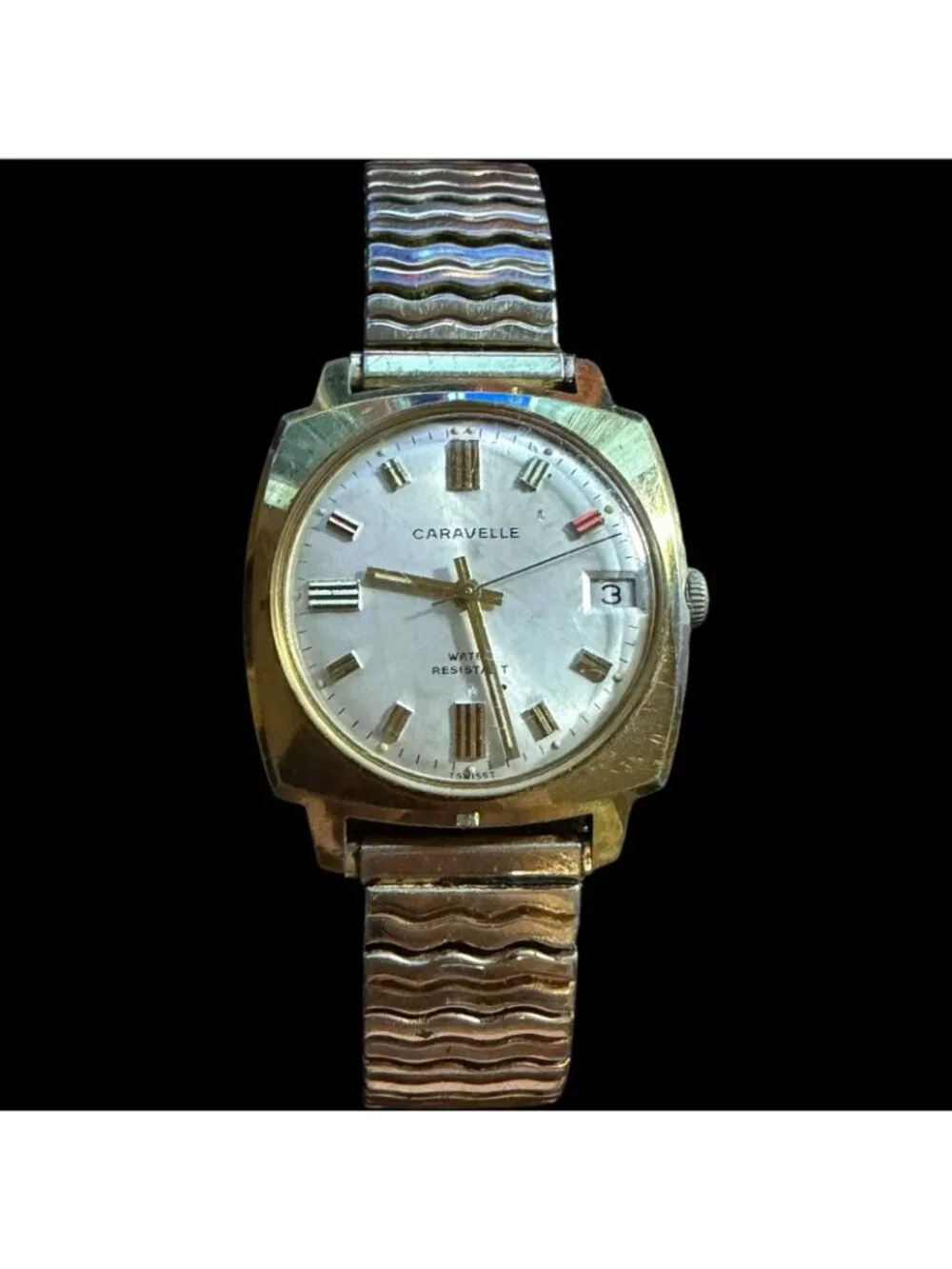 Vintage Caravelle Swiss Mens Watch With Date Window & Gold-Tone Wave Bracelet Ba